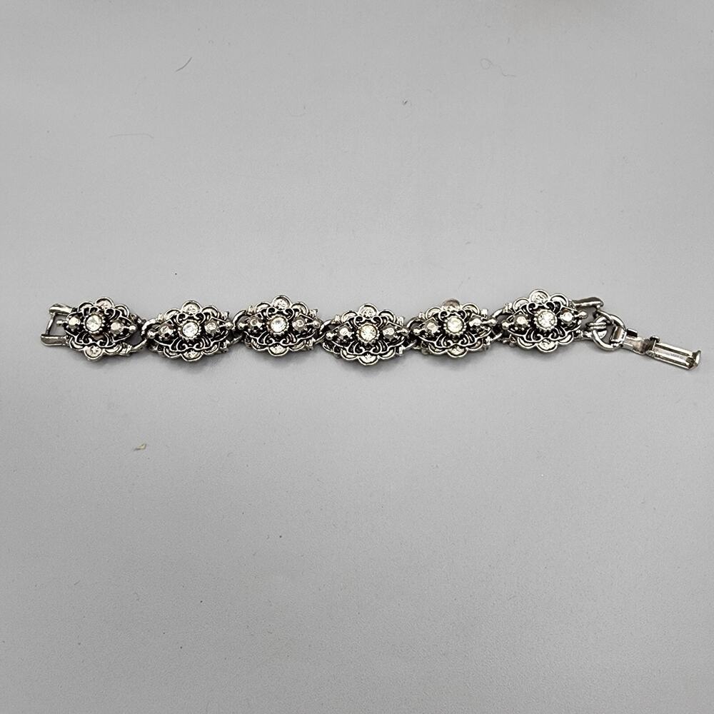 Vintage Silver Tone Floral Link Bracelet Clear Bead Chunky Jewel Art To Wear - Picture 4 of 10